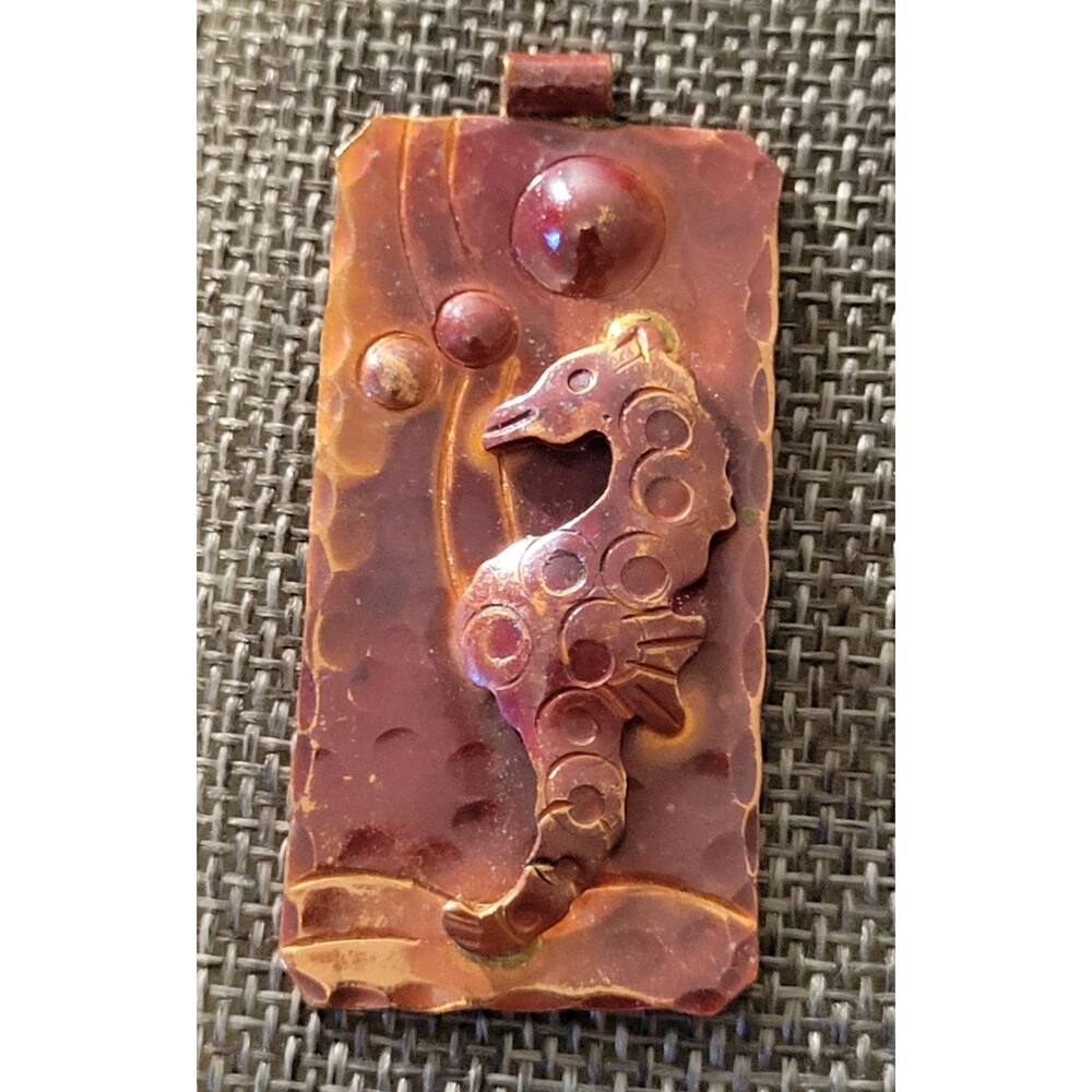 Copper Seahorse Pendant 3" x 1" 3 Dimensional Handmade Artisan Jewelry
